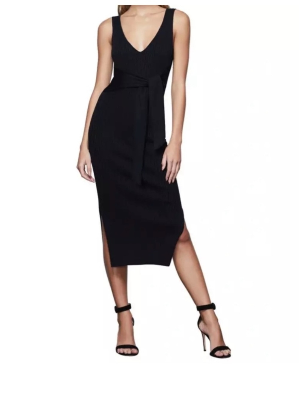 Good American Black Ribbed Knit Tie Midi Dress with V-Neck